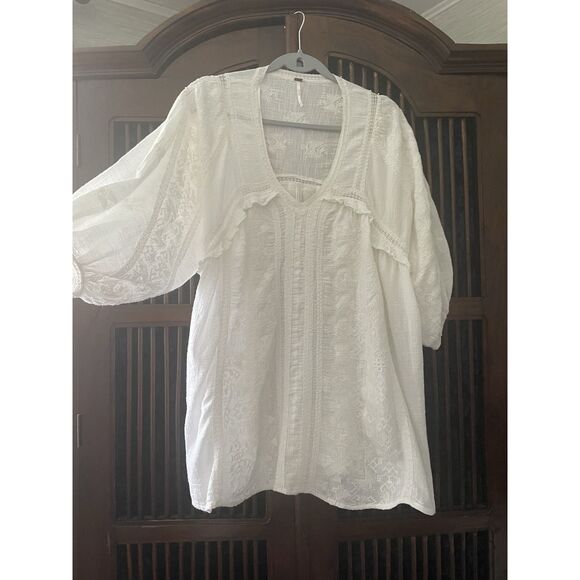 Free People white embroidered peasant blouse tunic top womens size S boho cotton - Picture 1 of 9